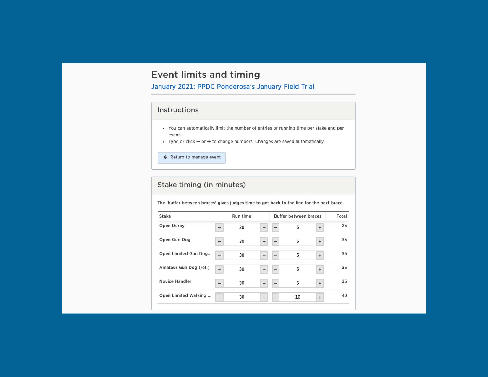 Event limits and timing blue wix